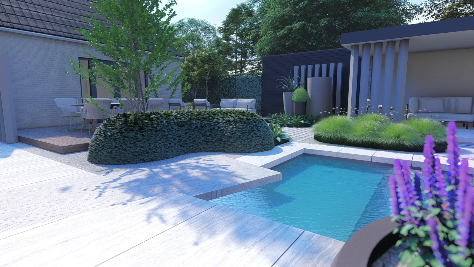 Strak vormgegeven tuin met terras en borders, ontworpen voor een woning in Lelystad